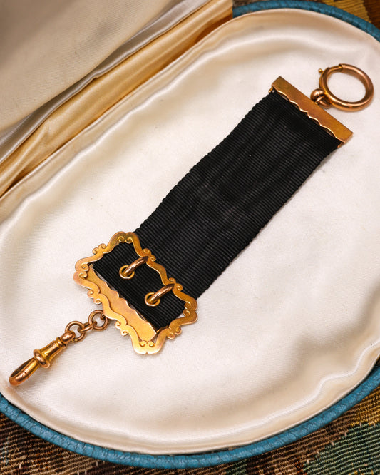 A very fine 9 ct Yellow Gold Gentleman's Waistcoat Fob, a buckle design with black silk ribbon, stamped JG&S, Hallmarked Birmingham, 1909 - Robin Haydock Antique Jewellery