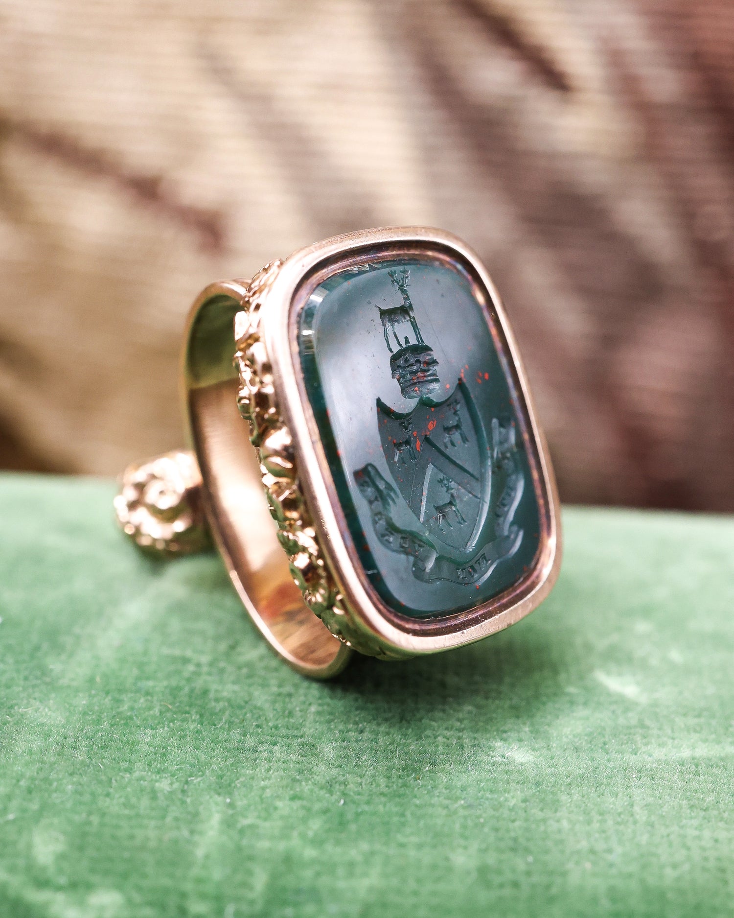A Late Georgian 9ct Yellow Gold (tested), Seal, with foliate outline and a Bloodstone Antique Intaglio "Virtute  non Verbis".  Circa 1830 - Robin Haydock Antique Jewellery
