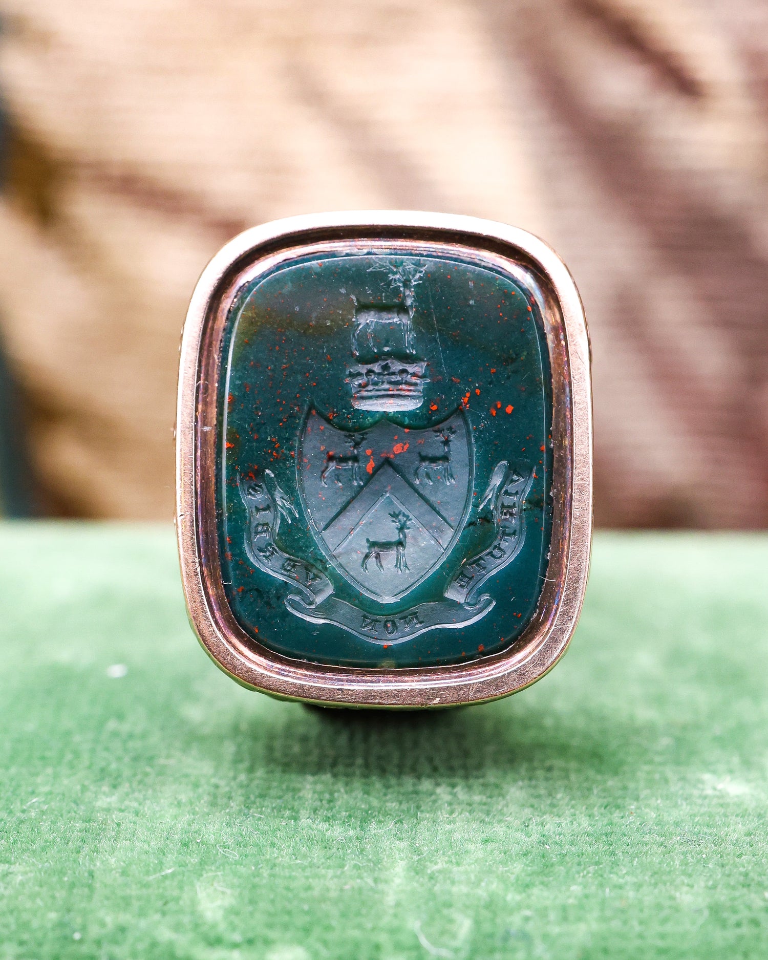 A Late Georgian 9ct Yellow Gold (tested), Seal, with foliate outline and a Bloodstone Antique Intaglio "Virtute  non Verbis".  Circa 1830 - Robin Haydock Antique Jewellery