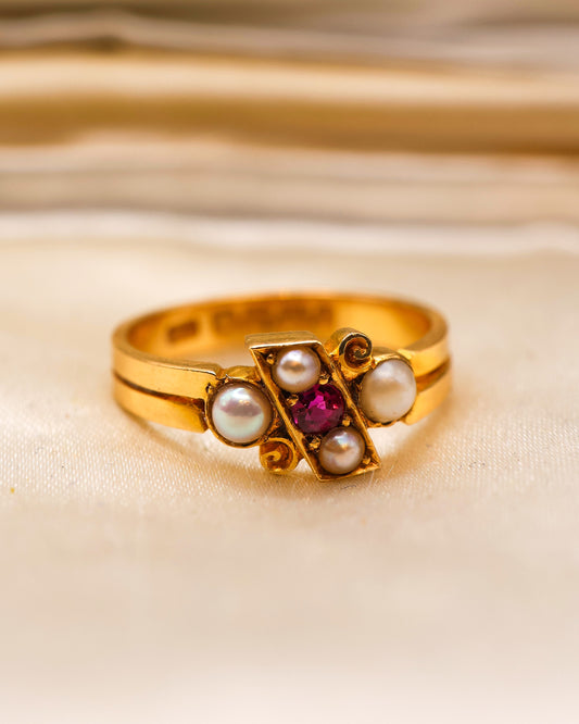 A stunning 18 Carat Yellow Gold Crossover Ring with Ruby and Pearls - Robin Haydock Antique Jewellery