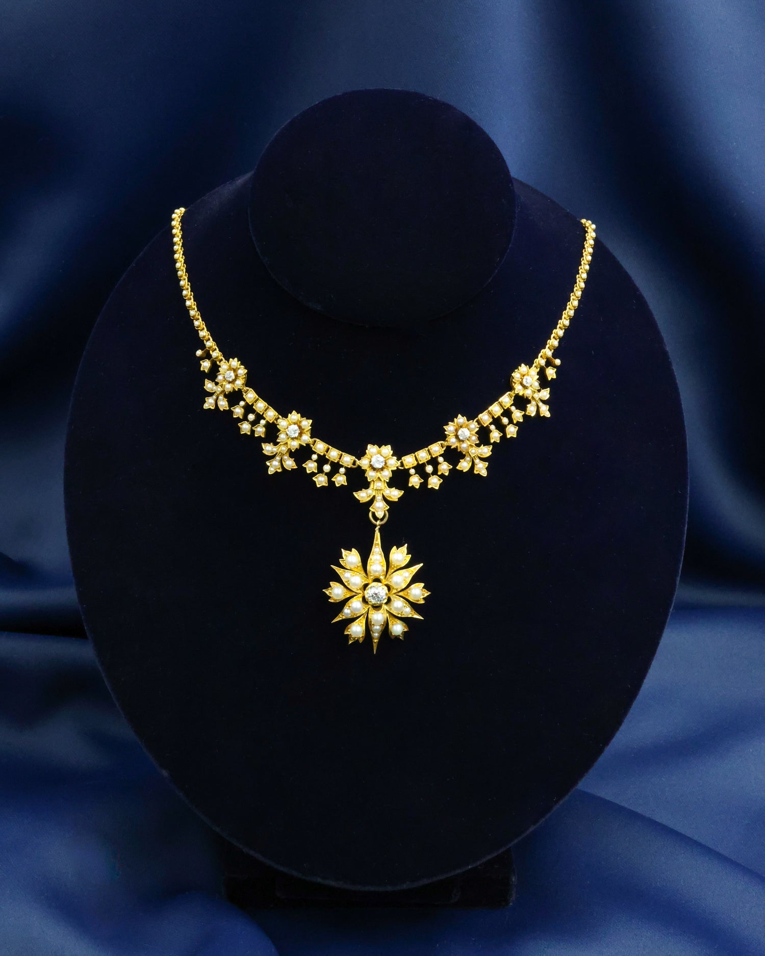 A fine 15ct Yellow Gold (tested) Seed Pearl & Diamond Starburst Pendant Circa 1880 - Robin Haydock Antique Jewellery