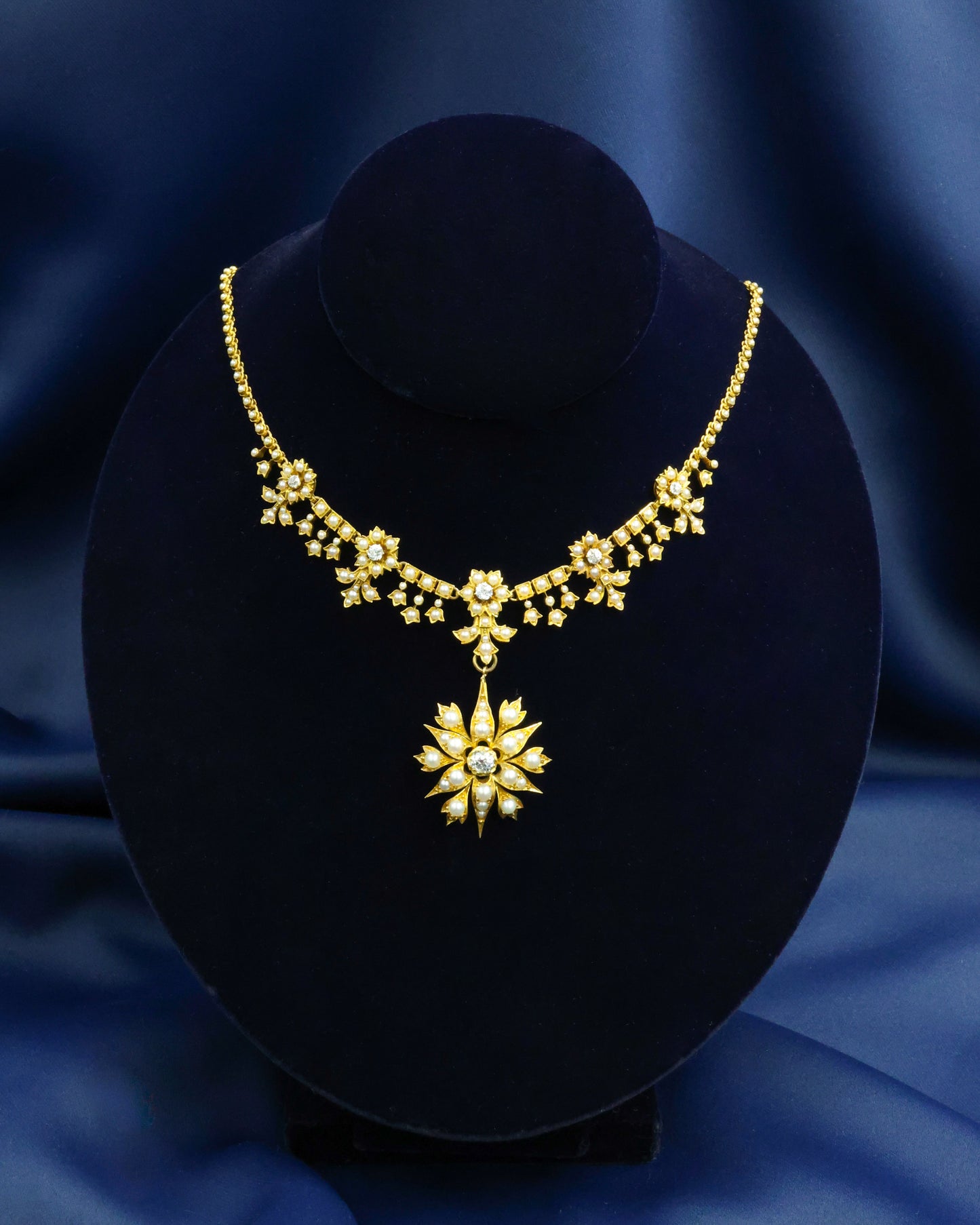 A very fine 15ct Yellow Gold Floral Seed Pearl and Diamond Necklace. Circa 1880 (Pendant shown -  sold separately) - Robin Haydock Antique Jewellery