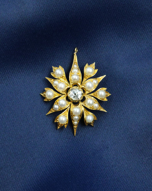 A fine 15ct Yellow Gold (tested) Seed Pearl & Diamond Starburst Pendant Circa 1880 - Robin Haydock Antique Jewellery