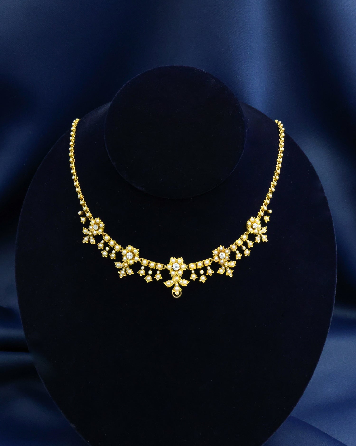 A very fine 15ct Yellow Gold Floral Seed Pearl and Diamond Necklace. Circa 1880 (Pendant shown -  sold separately) - Robin Haydock Antique Jewellery