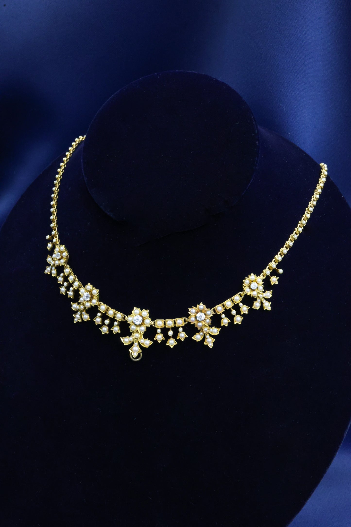 A very fine 15ct Yellow Gold Floral Seed Pearl and Diamond Necklace. Circa 1880 (Pendant shown -  sold separately) - Robin Haydock Antique Jewellery