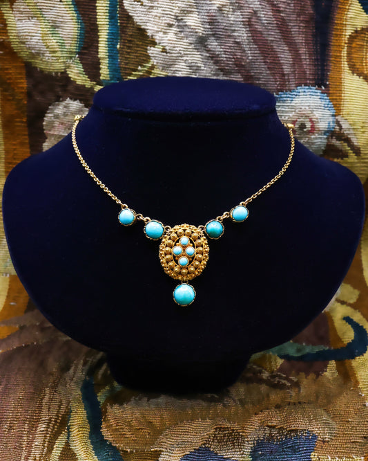 A very beautiful High & 15 Carat Yellow Gold (tested) Late Georgian oval Turquoise Cannetille Necklace English Circa 1830 - 1855 - Robin Haydock Antique Jewellery