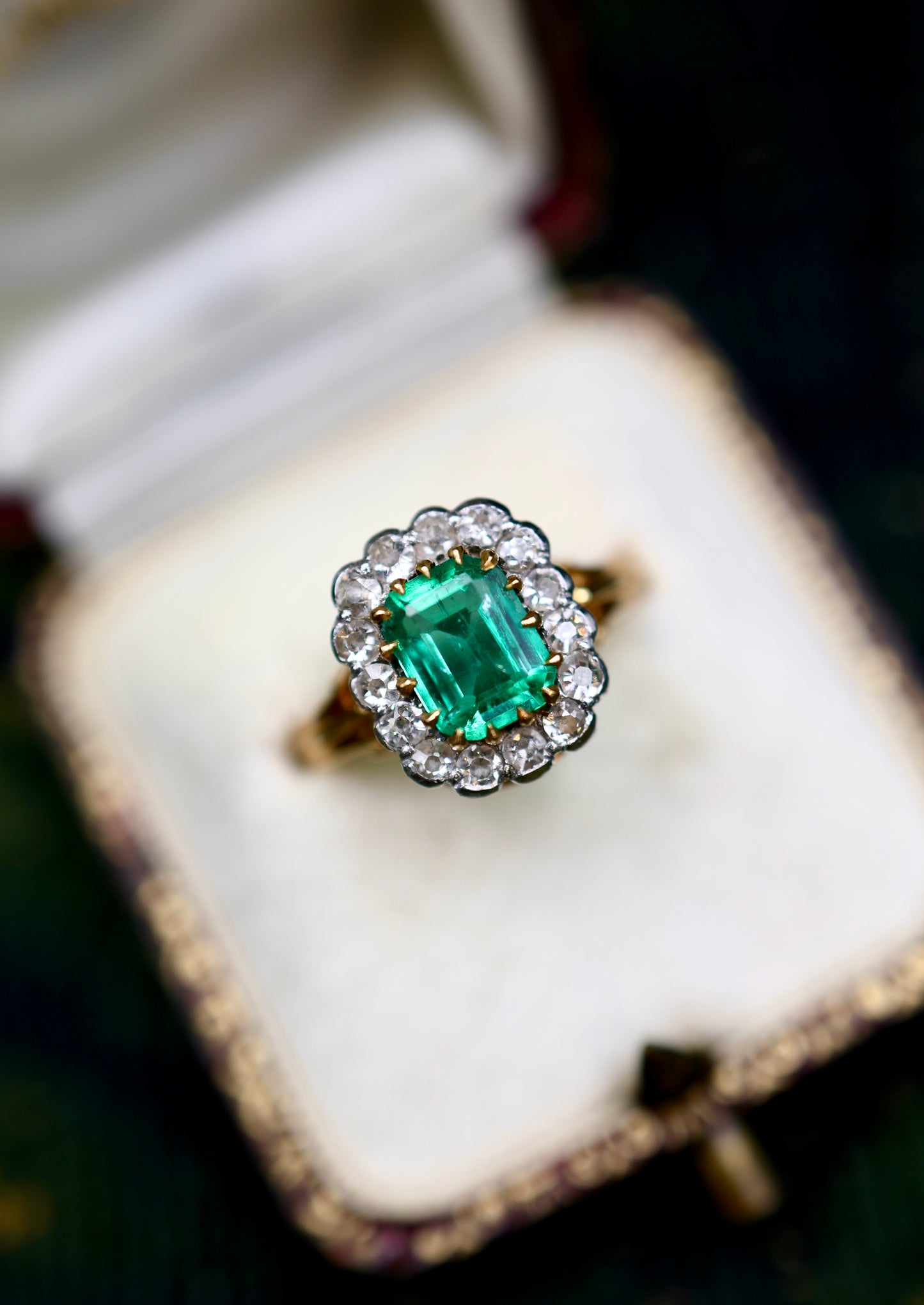 An Exquisite 18 Ct. Yellow and White Gold (tested)  Colombian Emerald & Diamond Cluster Ring - Mid 20th Century