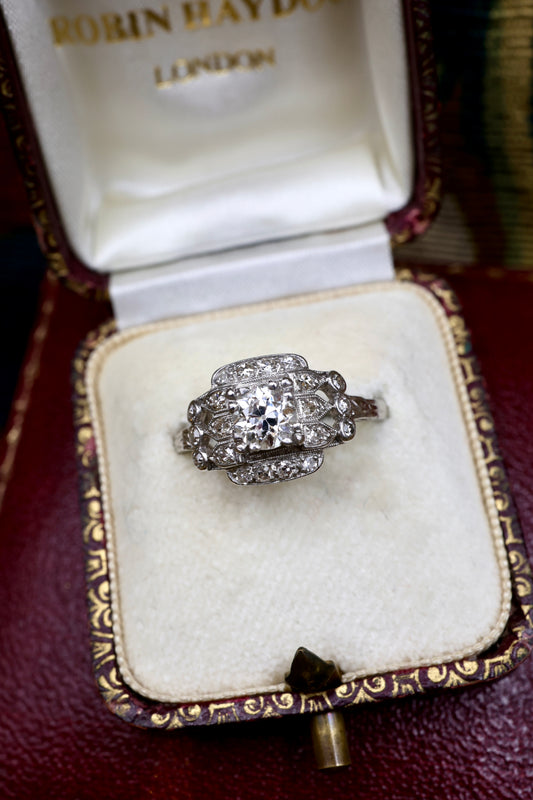 A very fine Art Deco Platinum (marked), Diamond Ring, the perfect engagement ring of approximately 0.97 Carats. Circa 1925