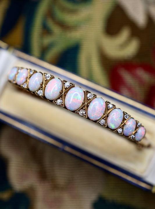A very fine Graduated Opal and Diamond Bangle set in 15ct Yellow Gold, English, Circa 1905 - Robin Haydock Antiques