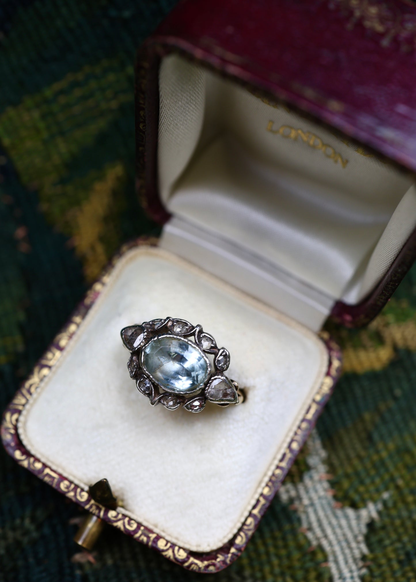 A very fine Aquamarine and Diamond Ring, in Silver tipped on High Carat Yellow Gold  (tested). Circa 1890