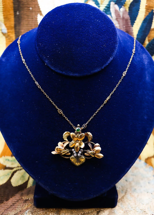 A very fine High Carat Yellow Gold (18 ct. Tested), Art Nouveau Emerald & Diamond Floral Pendant, worn marks. Circa 1900 - Robin Haydock Antiques