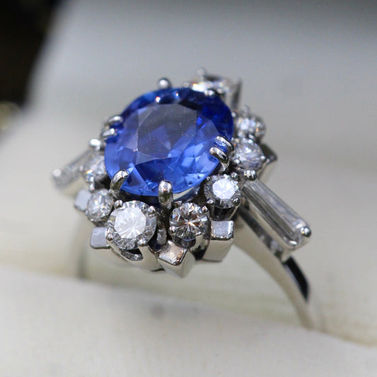 A very fine 14 ct. White Gold 3.02 Carat Ceylon Sapphire and Diamond Cluster Ring. London Assayed, Marked B&S, Circa 1974 - Robin Haydock Antiques