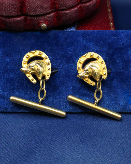A fine pair of 18 Carat Yellow Gold (tested) Dog & Horseshoe Cufflinks.  Circa 1910-1920 - Robin Haydock Antique Jewellery