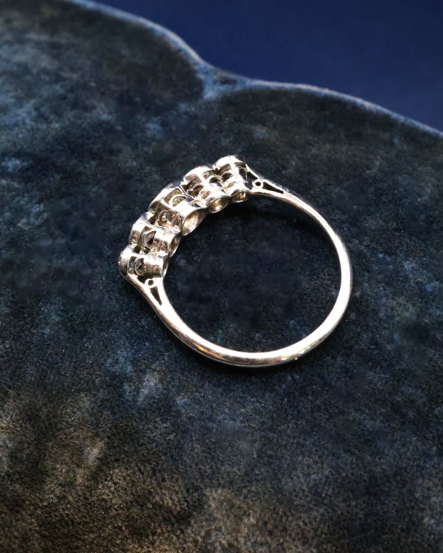A very fine 18ct. White Gold (later rhodium plated), graduating five stone Diamond Ring, rub-over and granulated set with five Old European Cut, Natural Diamonds. Circa 1930 - Robin Haydock Antique Jewellery