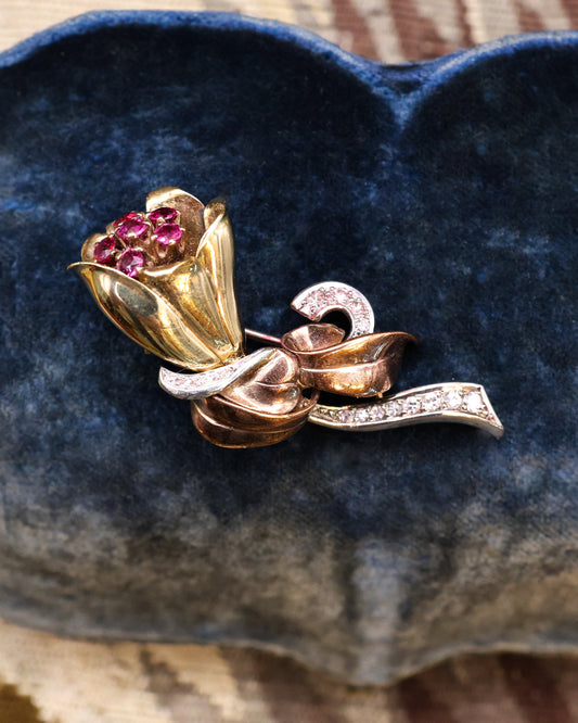 A very fine 18ct Yellow Gold & Platinum, Ruby & Diamond Brooch Circa 1915 - Robin Haydock Antique Jewellery