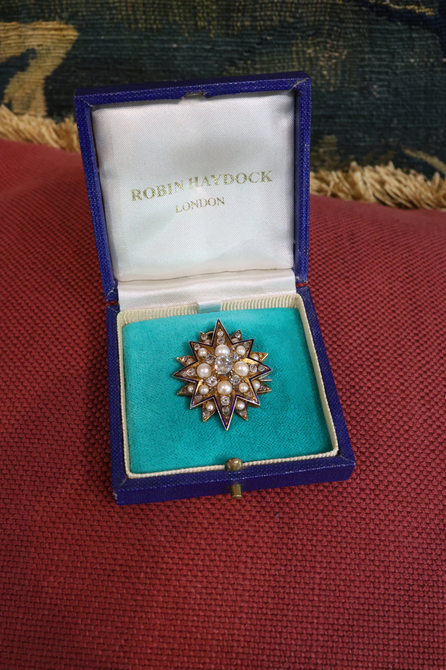 A very beautiful High Carat Gold (tested), Diamond &  Natural Pearl Star Pendant / Brooch with Blue Enamel Highlights Circa 1880