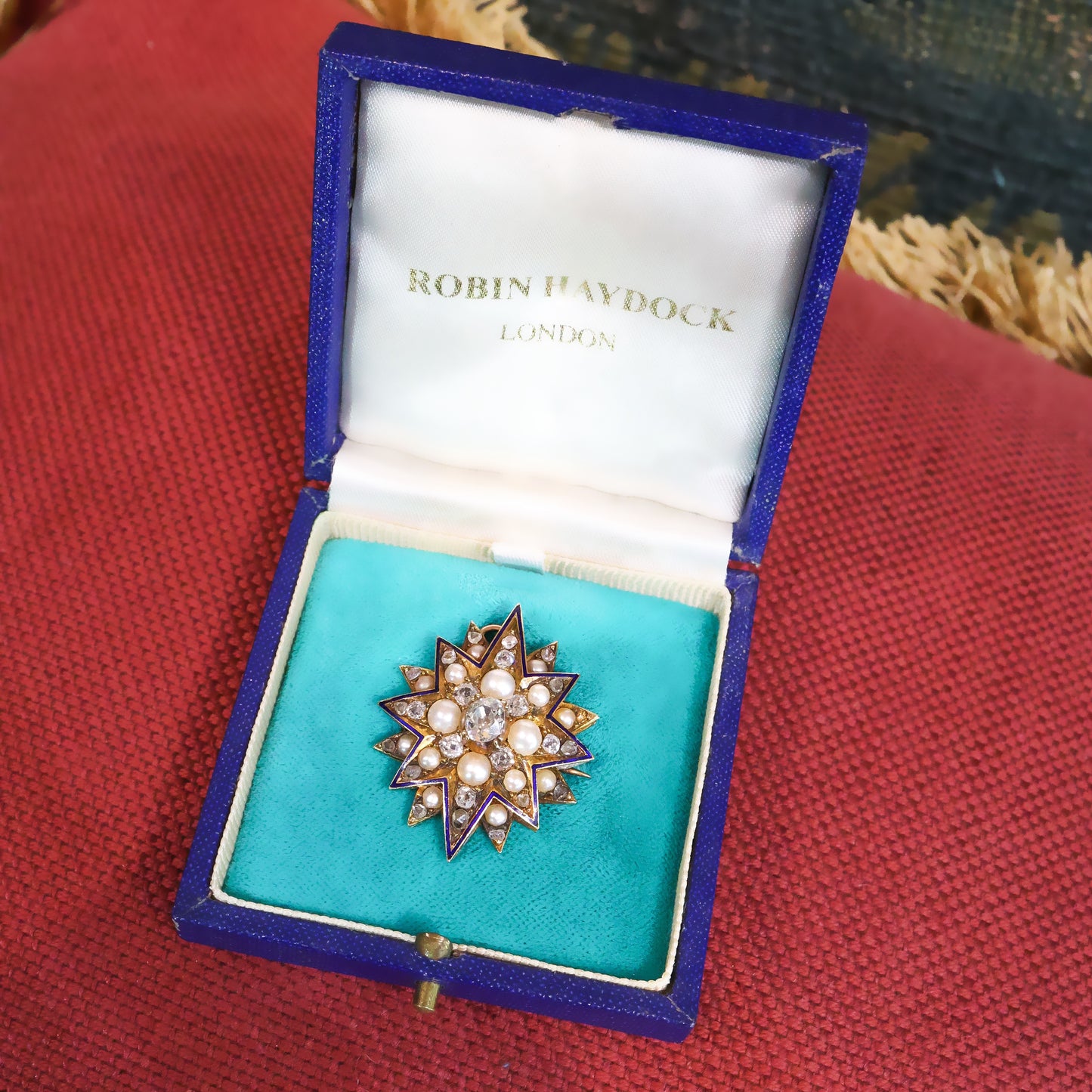 A very beautiful High Carat Gold (tested), Diamond &  Natural Pearl Star Pendant / Brooch with Blue Enamel Highlights Circa 1880