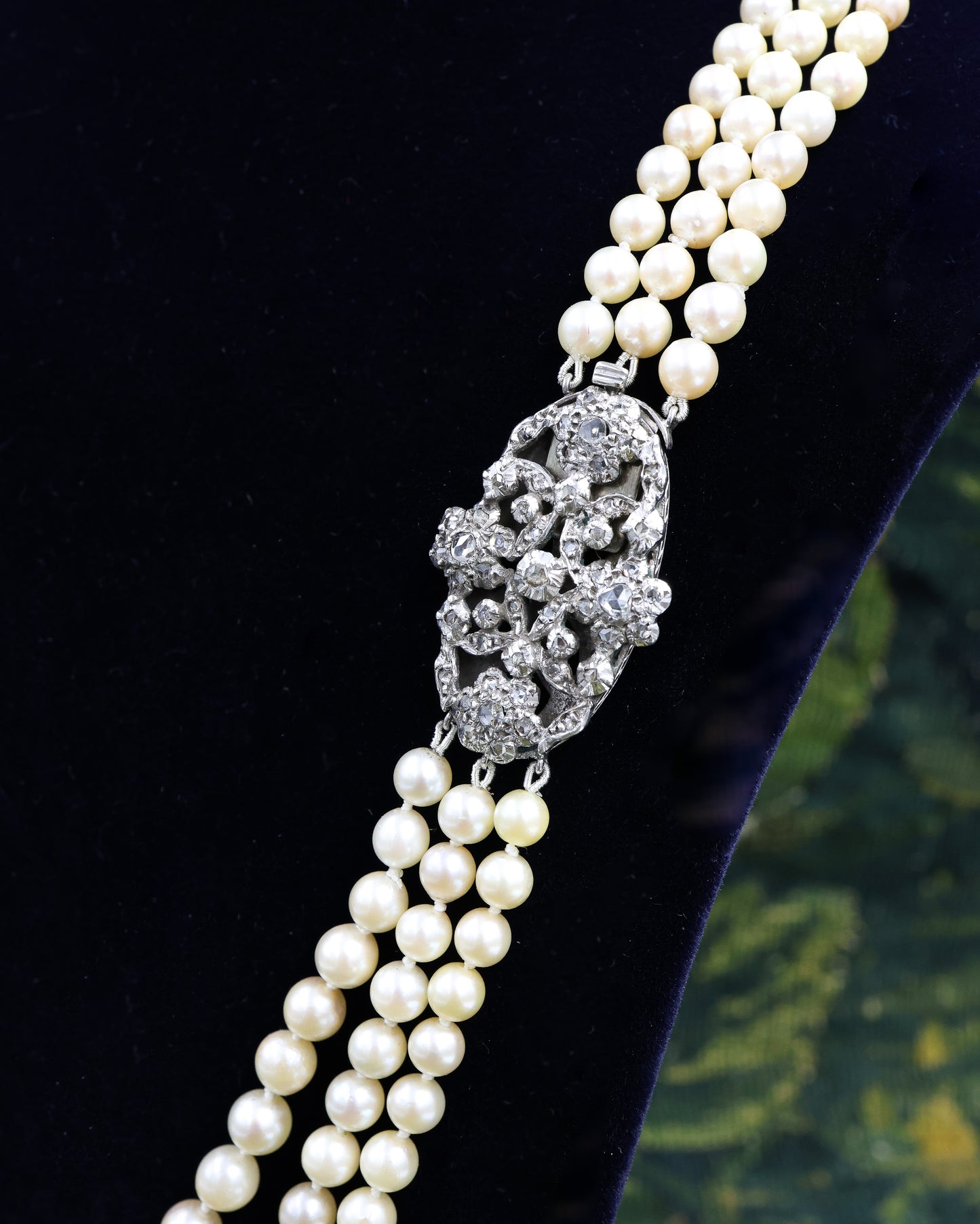 A Silver & High Carat Gold (tested), Diamond Clasp, with a graduated Cultured Pearl Necklace, Clasp Circa 1890 - Robin Haydock Antique Jewellery