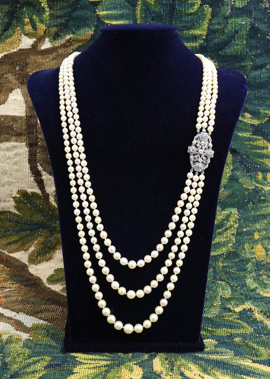 A Silver & High Carat Gold (tested), Diamond Clasp, with a graduated Cultured Pearl Necklace, Clasp Circa 1890 - Robin Haydock Antique Jewellery