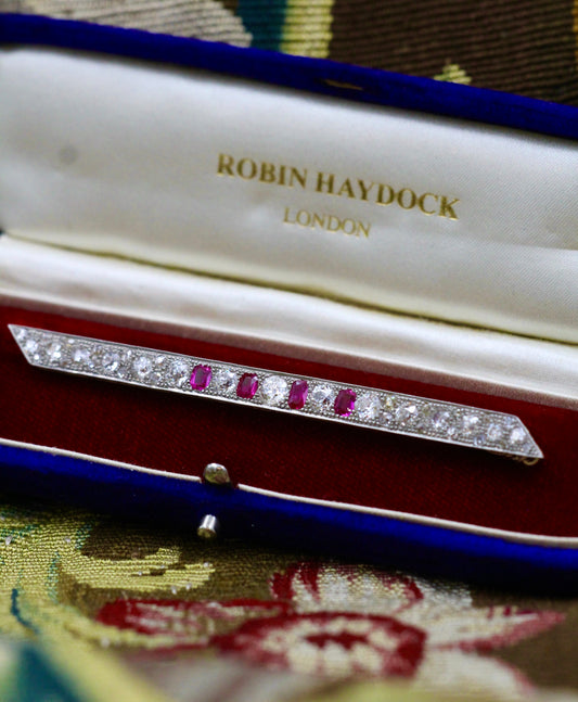 A very fine Edwardian Ruby and Diamond Brooch with four Natural Burma Rubies weighing 0.80 carats (total) with no indication of heat treatment. - Robin Haydock Antiques