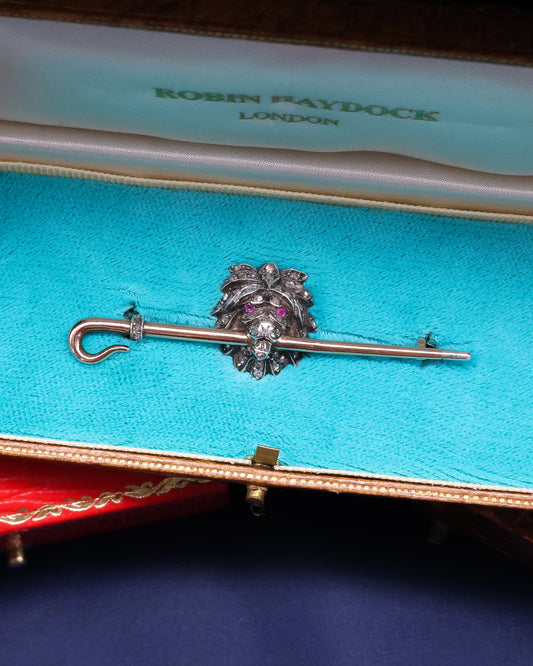 A very fine Antique Diamond & Ruby, Lion Head Stockpin Circa 1880 - Robin Haydock Antique Jewellery