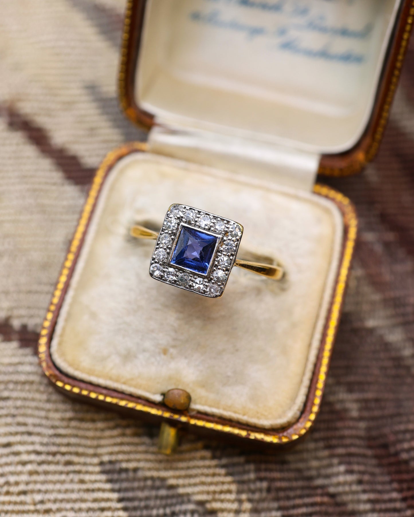A very fine 18 ct Yellow Gold & Platinum (tested), Square Cut Sapphire & Diamond Cluster Ring. Circa 1930 - Robin Haydock Antique Jewellery