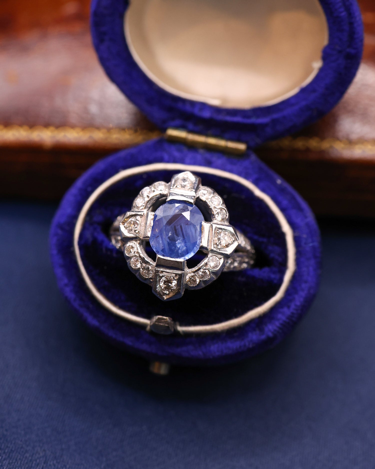 Platinum Sapphire and Diamond French Cluster Quatrefoil Ring Circa 1950's - Robin Haydock Antique Jewellery