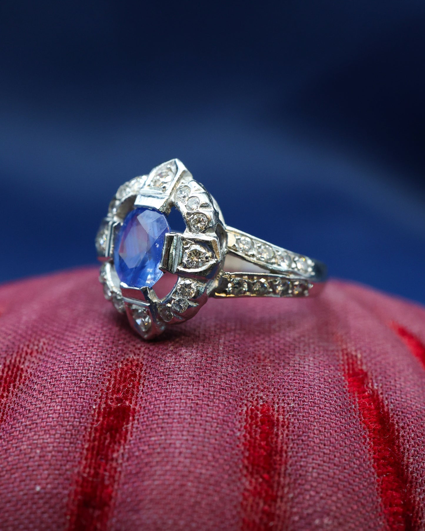 Platinum Sapphire and Diamond French Cluster Quatrefoil Ring Circa 1950's - Robin Haydock Antique Jewellery