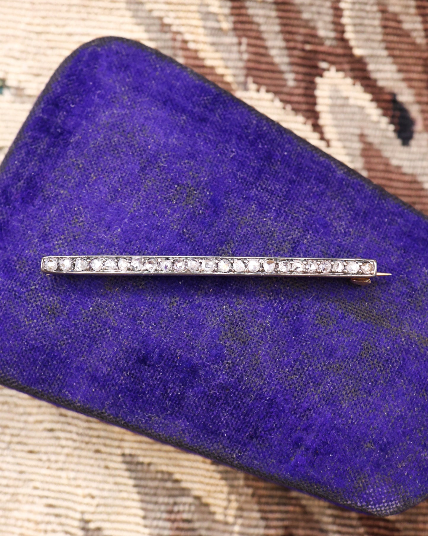 High Carat Yellow Gold and Silver Diamond Bar Brooch, English circa 1900 - Robin Haydock Antique Jewellery