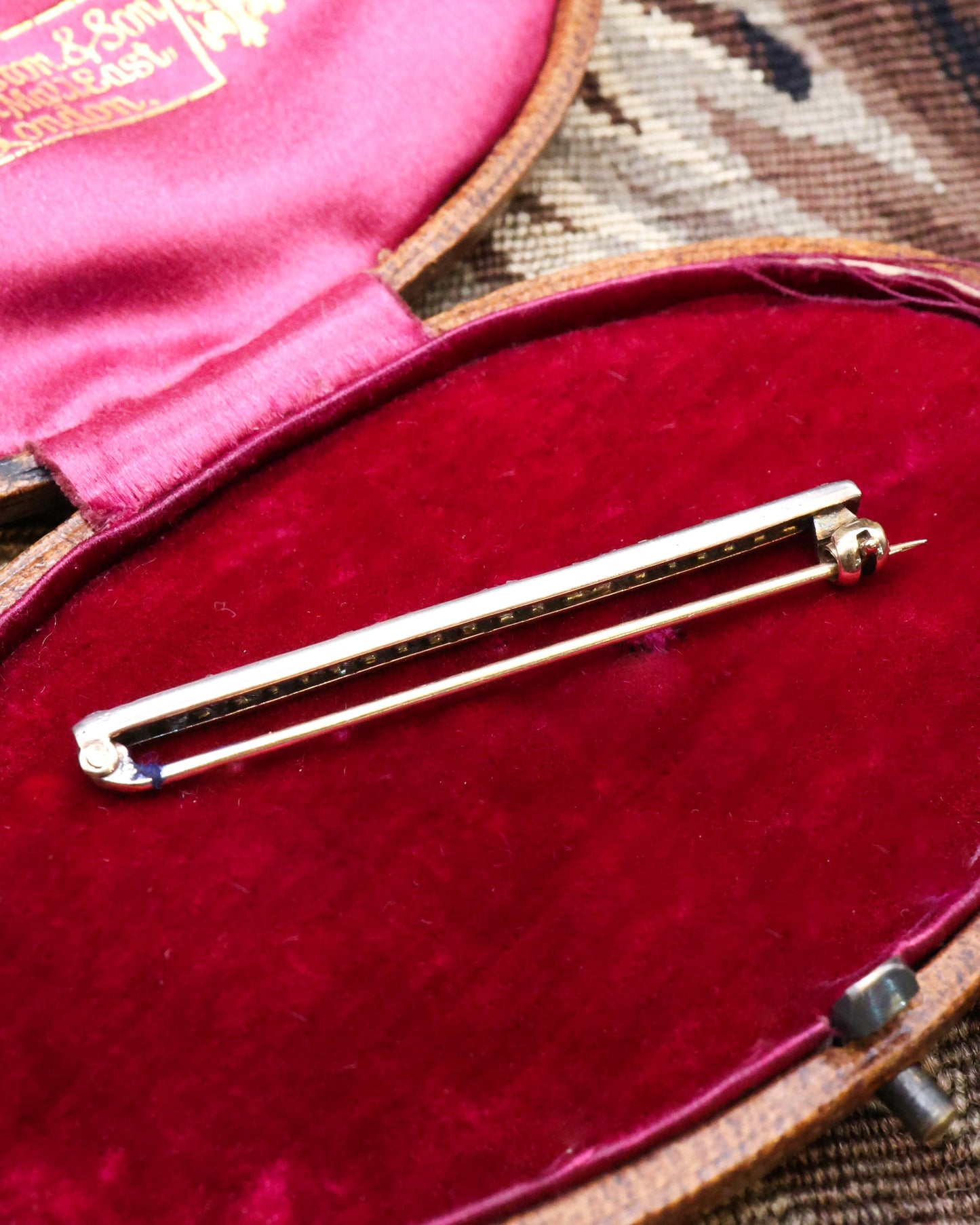 High Carat Yellow Gold and Silver Diamond Bar Brooch, English circa 1900 - Robin Haydock Antique Jewellery