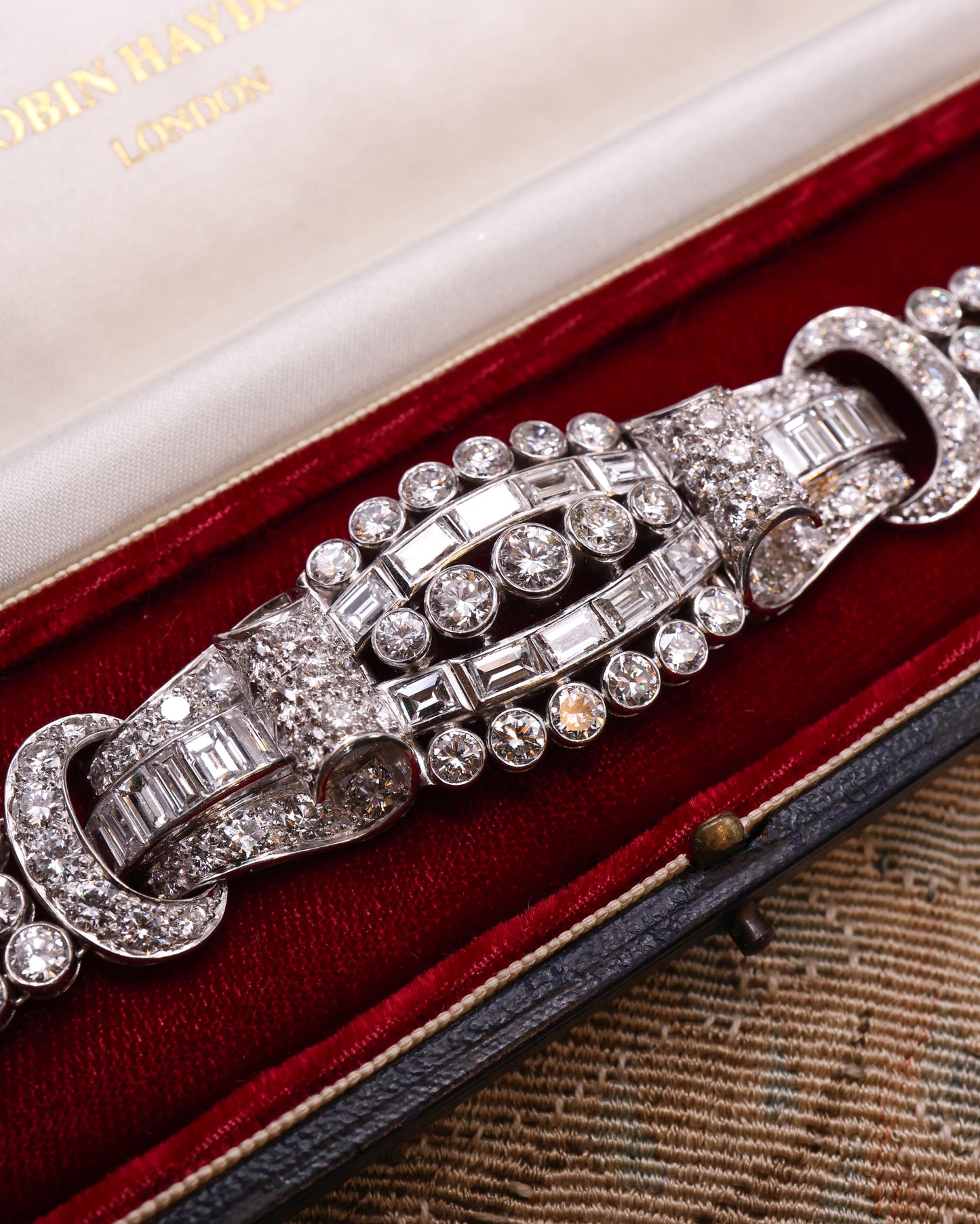 An exceptional example of an Architectural 18ct White Gold (tested), late Art Deco, 27 Carat Diamond Bracelet. Circa Late 1940's.