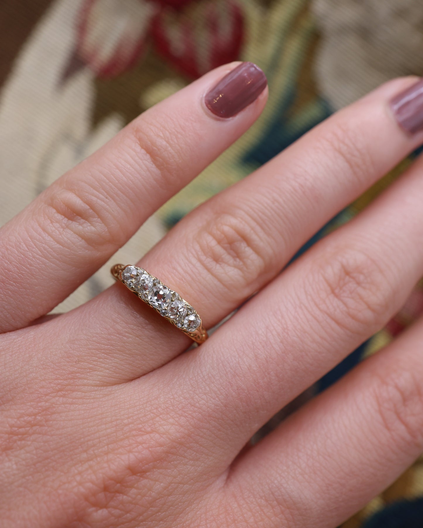 A very fine 18ct. Yellow Gold (stamped), elaborately carved five stone Diamond Ring. English. Circa 1890 - Robin Haydock Antique Jewellery