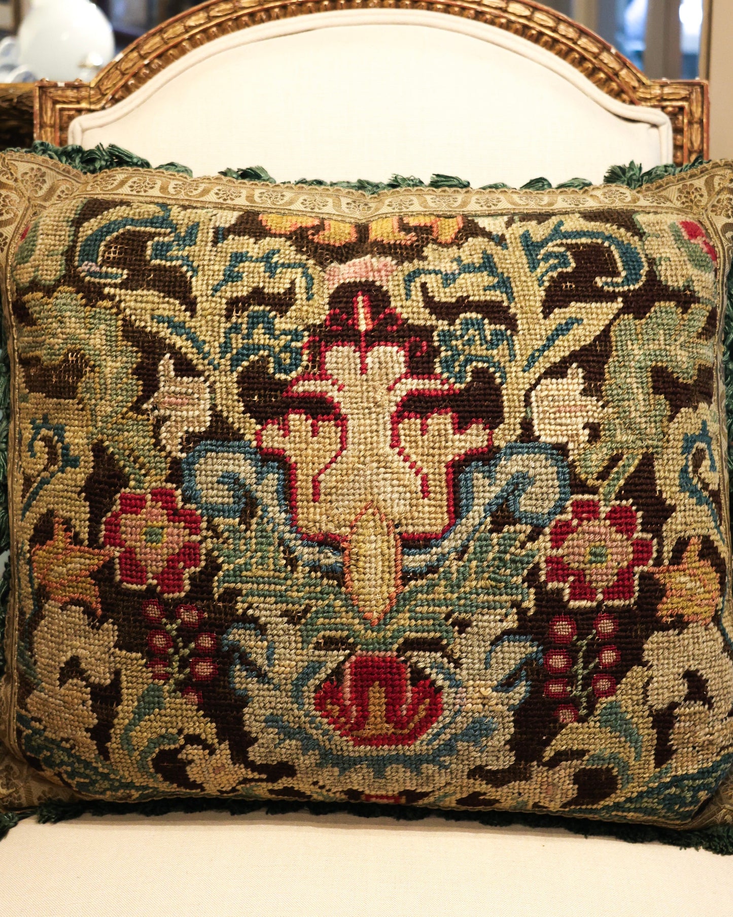 An exceptional panel of fine English Silk & Wool Needlepoint. Circa 1740. Presented as a cushion, with later backing & Trim.