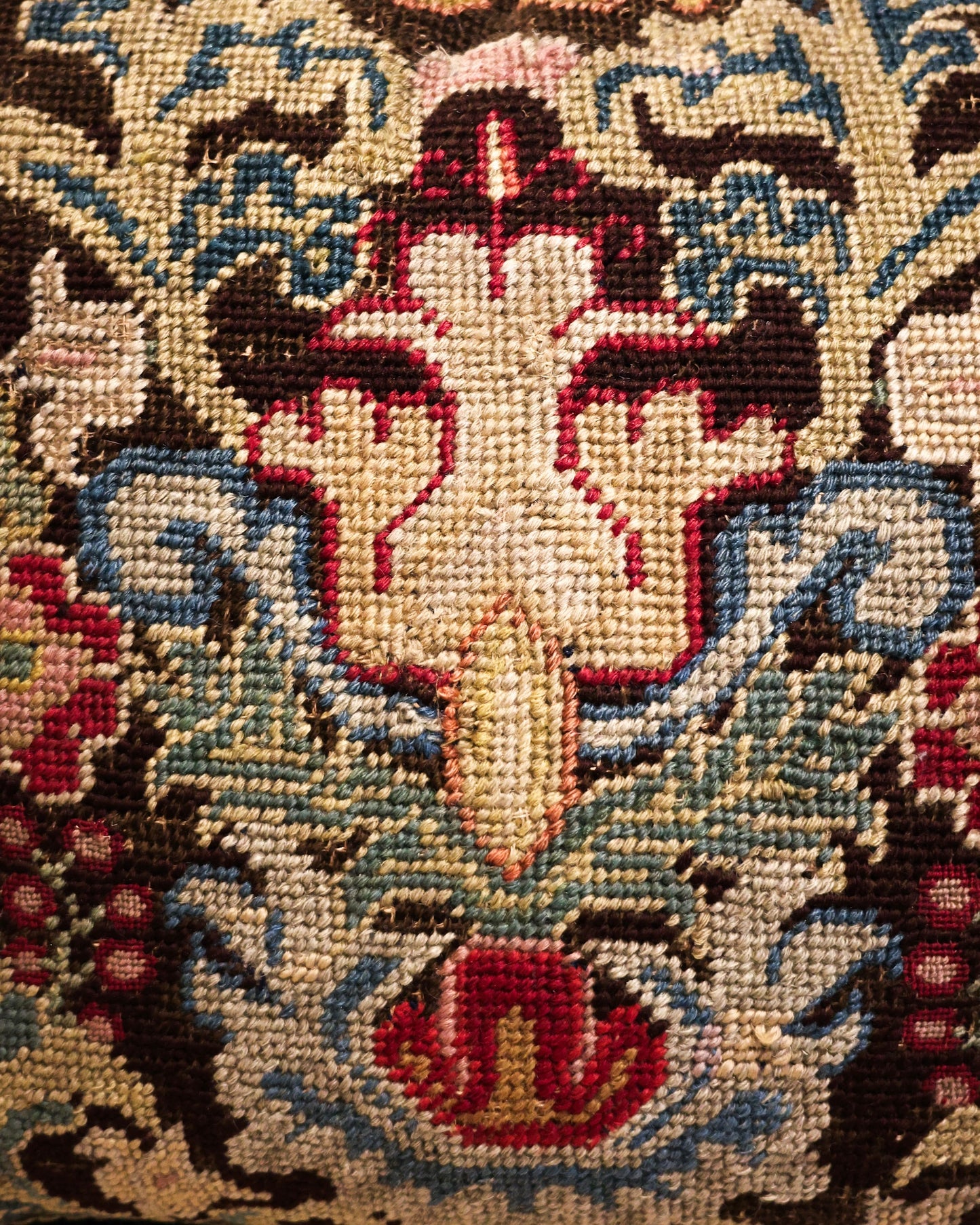 An exceptional panel of fine English Silk & Wool Needlepoint. Circa 1740. Presented as a cushion, with later backing & Trim.