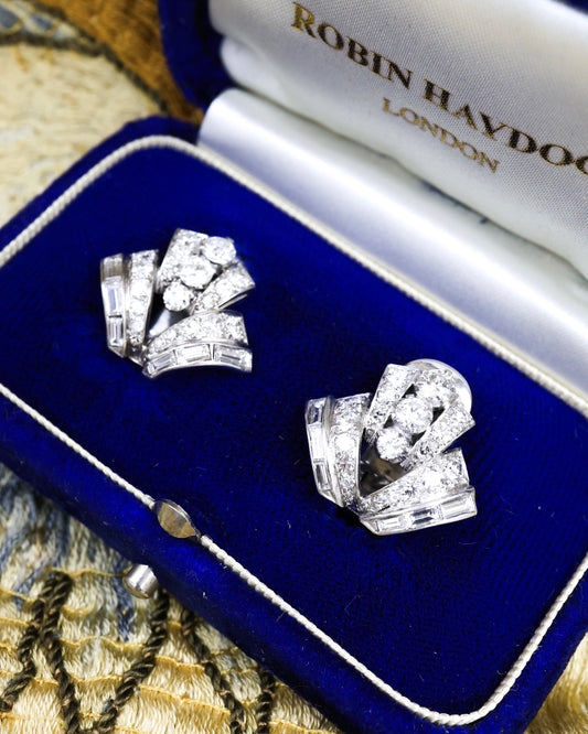 A fine pair of Antique Platinum & 18ct White Gold (tested) Art Deco 2.40 Carat, Diamond Clip Earrings. Circa 1935 - Robin Haydock Antiques