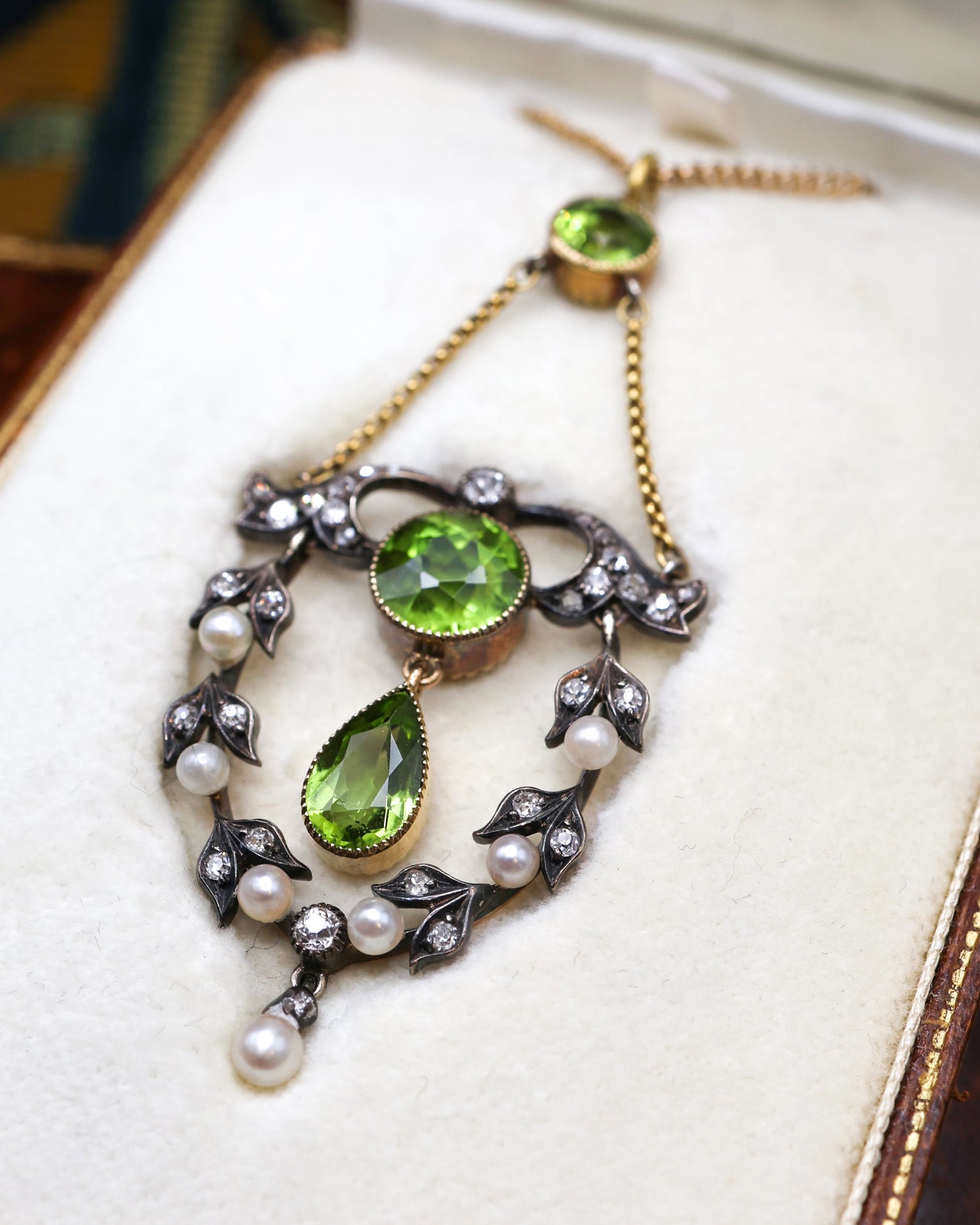18ct Yellow Gold & Silver (tested), Peridot, Seed Pearl & Diamond Pendant, Circa  1890-1905 - Robin Haydock Antique Jewellery