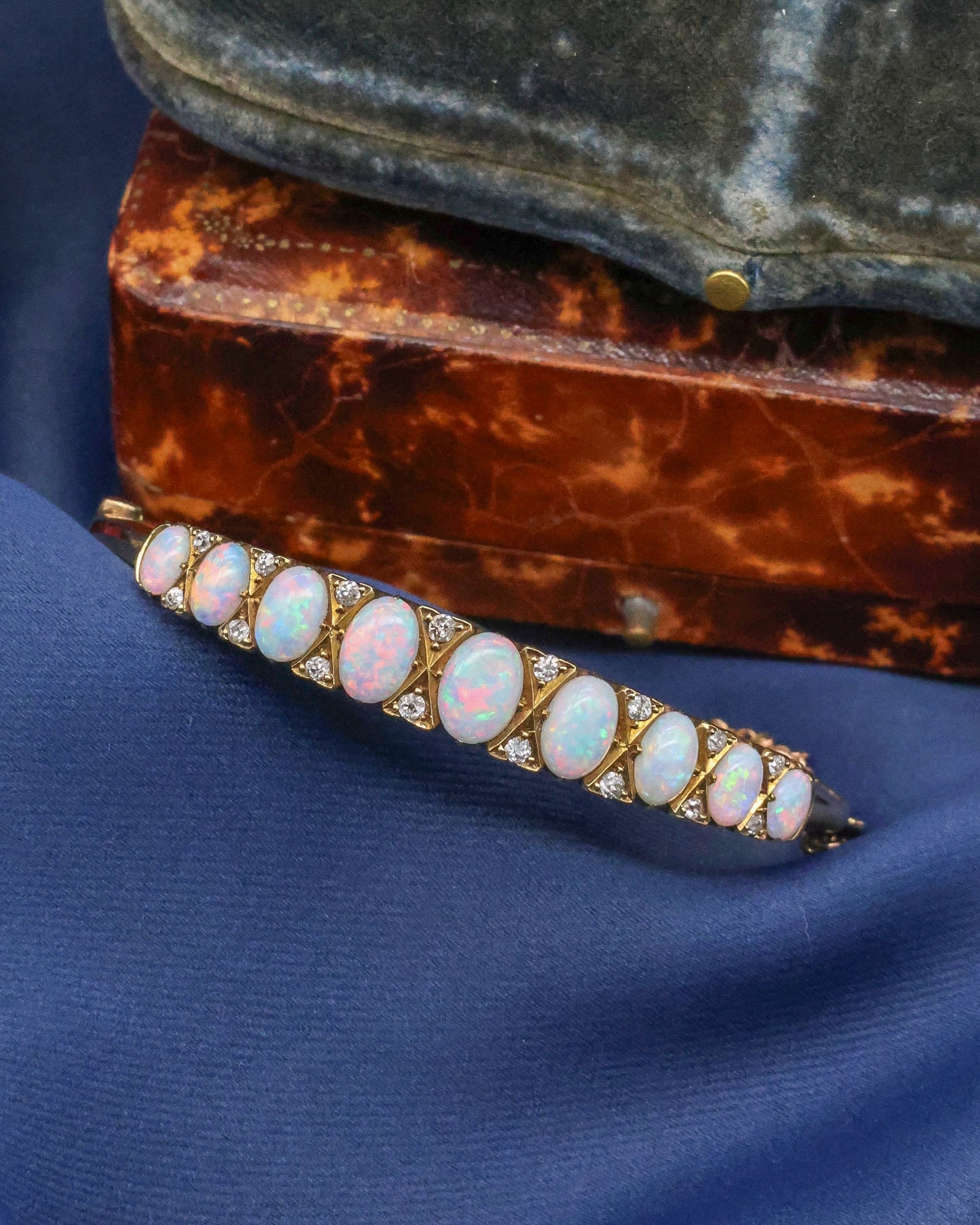 A very fine Graduated Opal and Diamond Bangle set in 15ct Yellow Gold, English, Circa 1905 - Robin Haydock Antique Jewellery