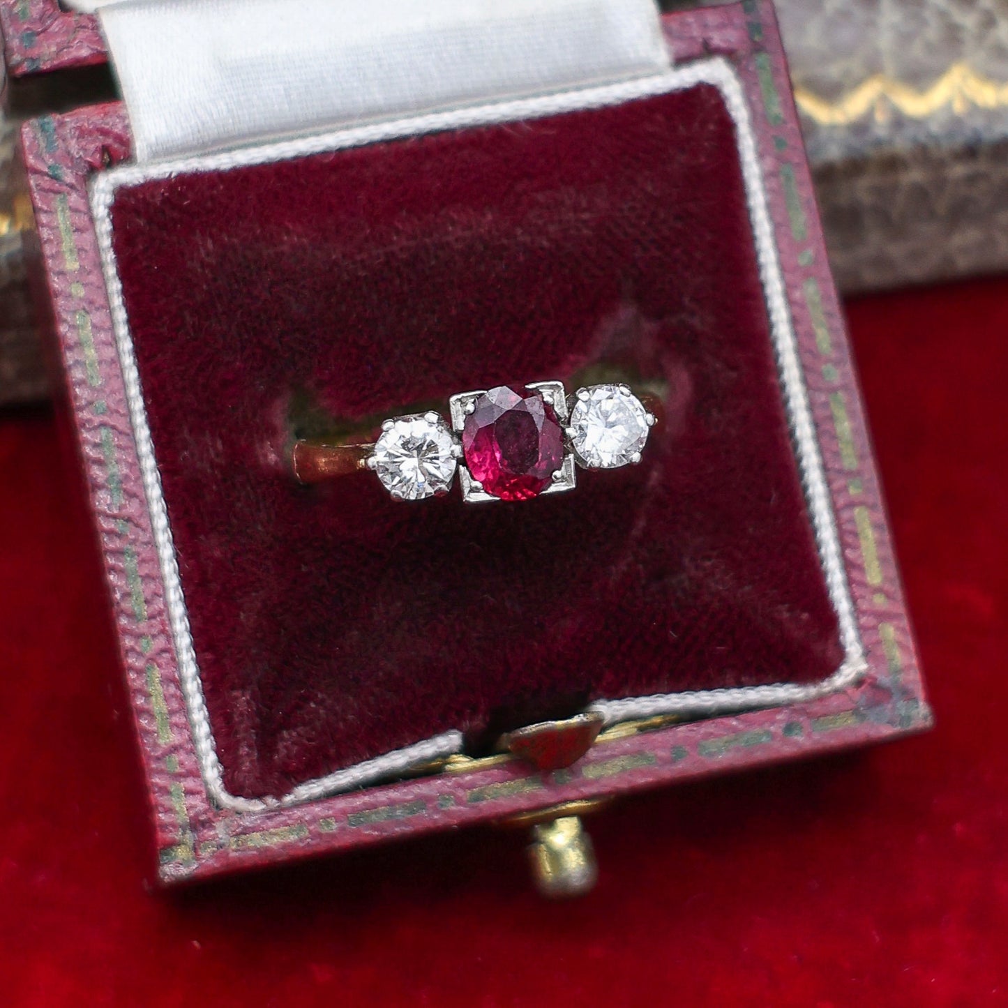 A very fine Three Stone Ruby & Diamond Ring mounted in 18ct Yellow Gold & Platinum, Circa 1950 - Robin Haydock Antique Jewellery