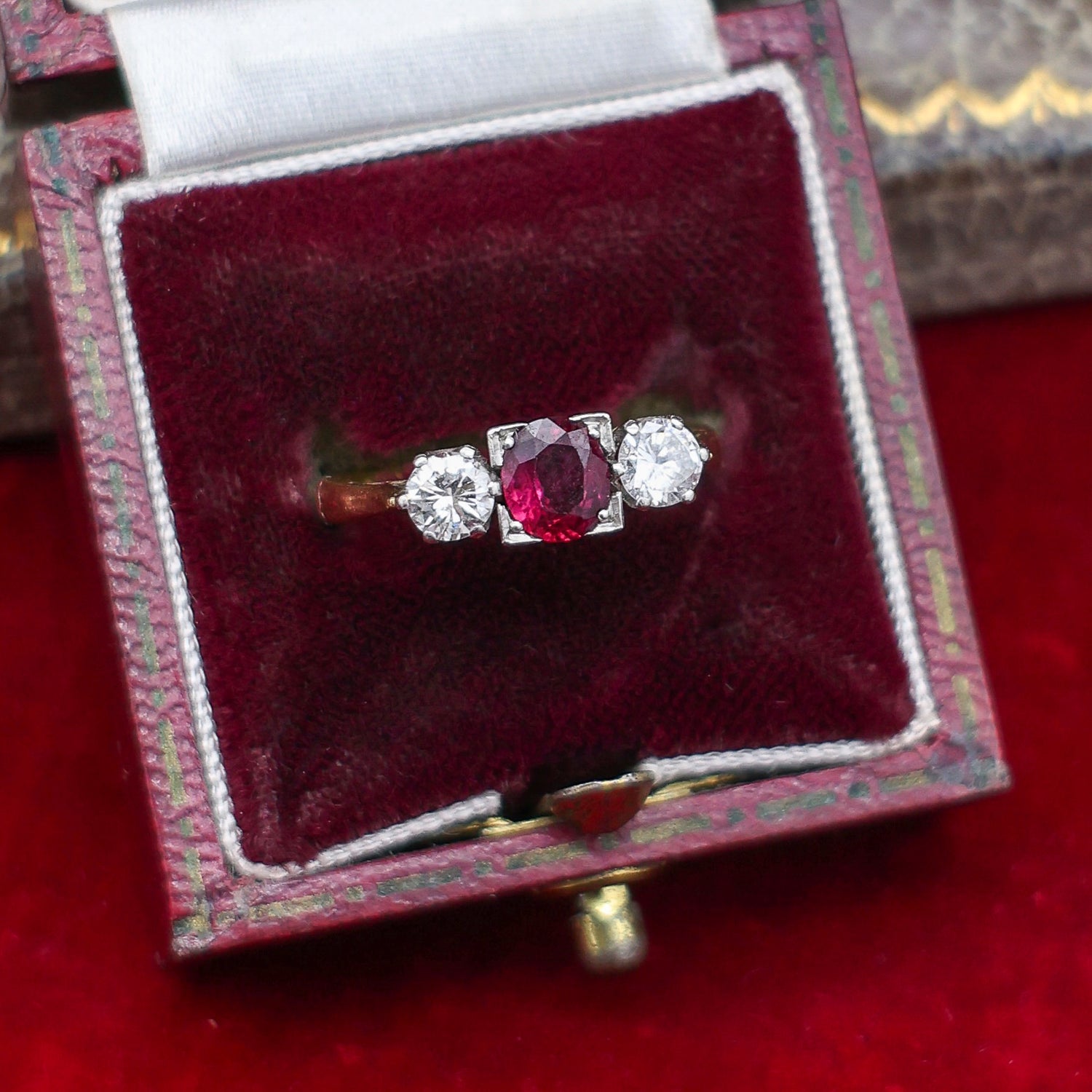 A very fine Three Stone Ruby & Diamond Ring mounted in 18ct Yellow Gold & Platinum, Circa 1950 - Robin Haydock Antique Jewellery