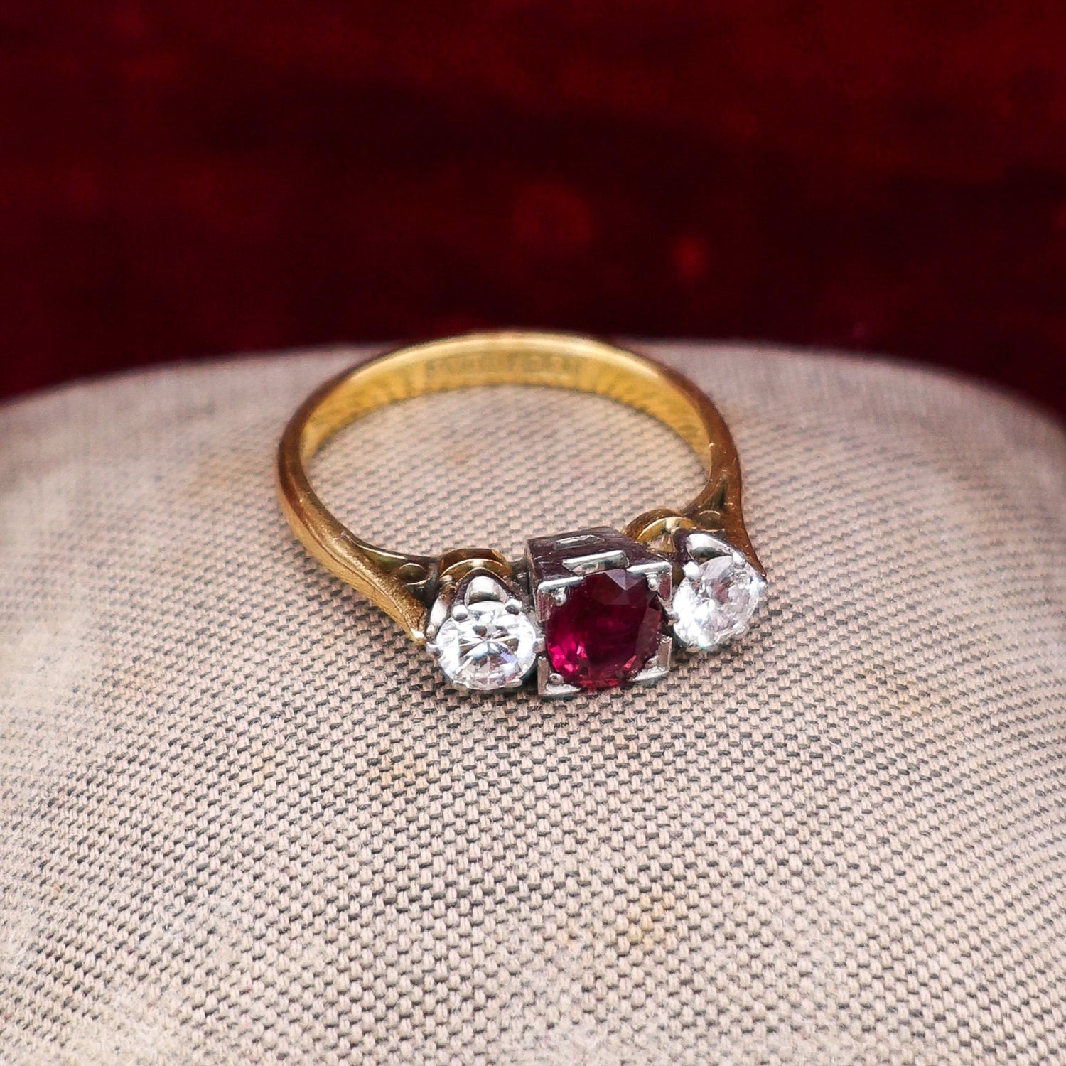 A very fine Three Stone Ruby & Diamond Ring mounted in 18ct Yellow Gold & Platinum, Circa 1950 - Robin Haydock Antique Jewellery