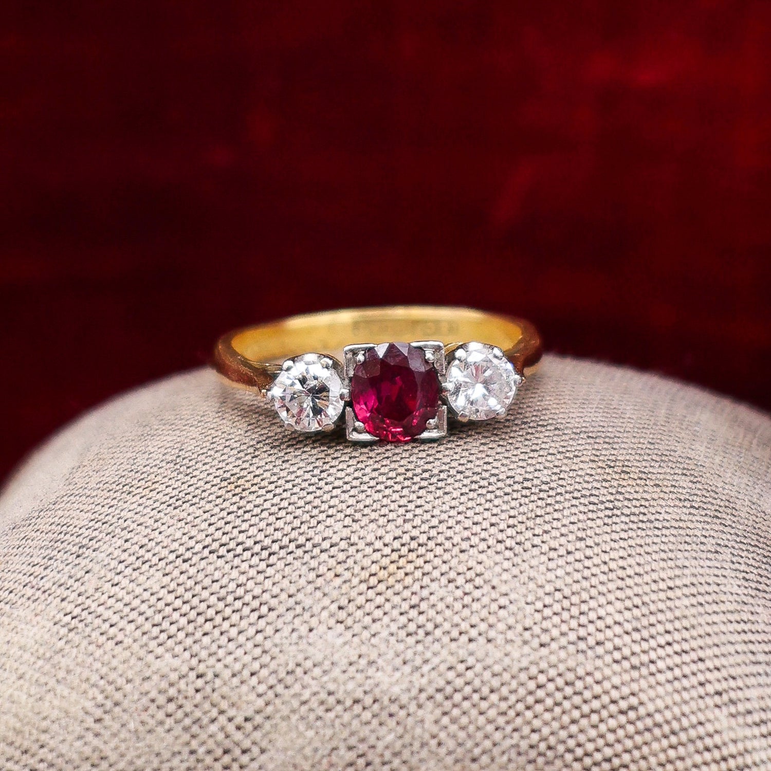 A very fine Three Stone Ruby & Diamond Ring mounted in 18ct Yellow Gold & Platinum, Circa 1950 - Robin Haydock Antique Jewellery