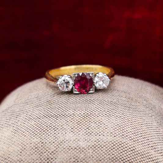 A very fine Three Stone Ruby & Diamond Ring mounted in 18ct Yellow Gold & Platinum, Circa 1950 - Robin Haydock Antique Jewellery