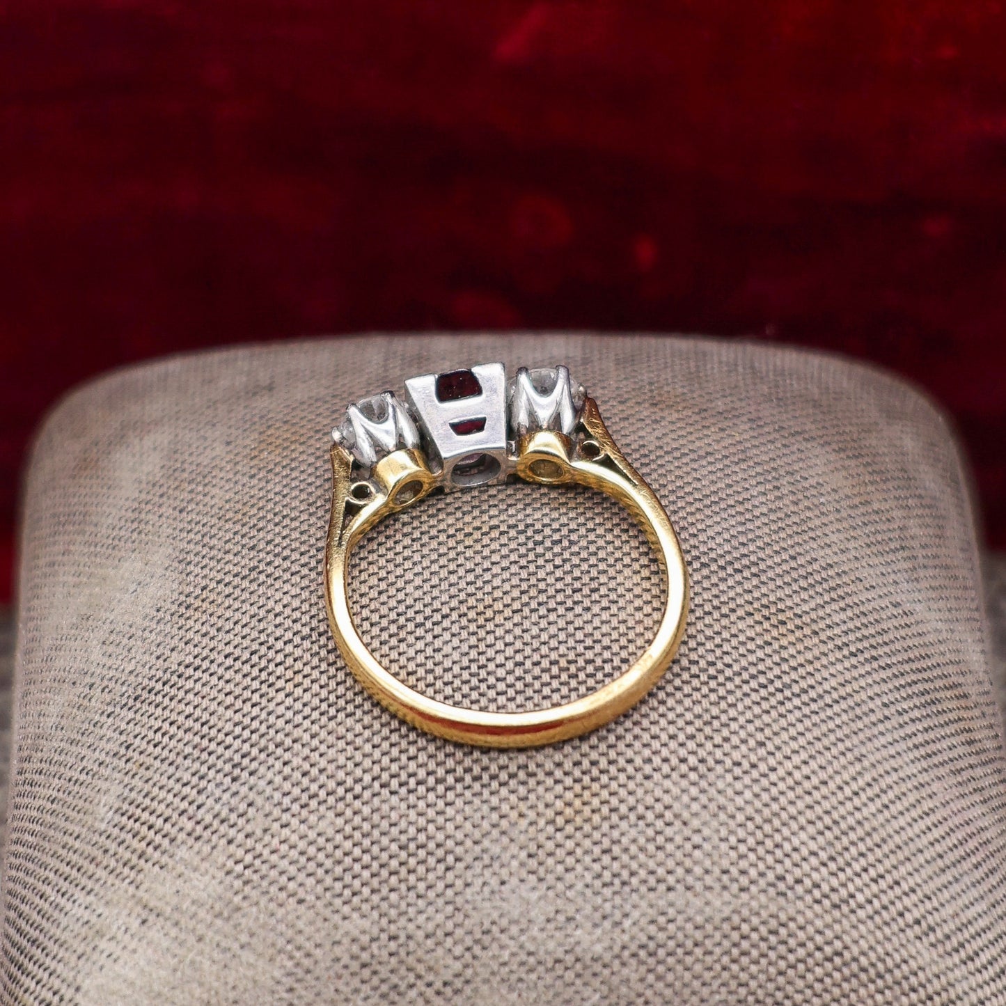 A very fine Three Stone Ruby & Diamond Ring mounted in 18ct Yellow Gold & Platinum, Circa 1950 - Robin Haydock Antique Jewellery