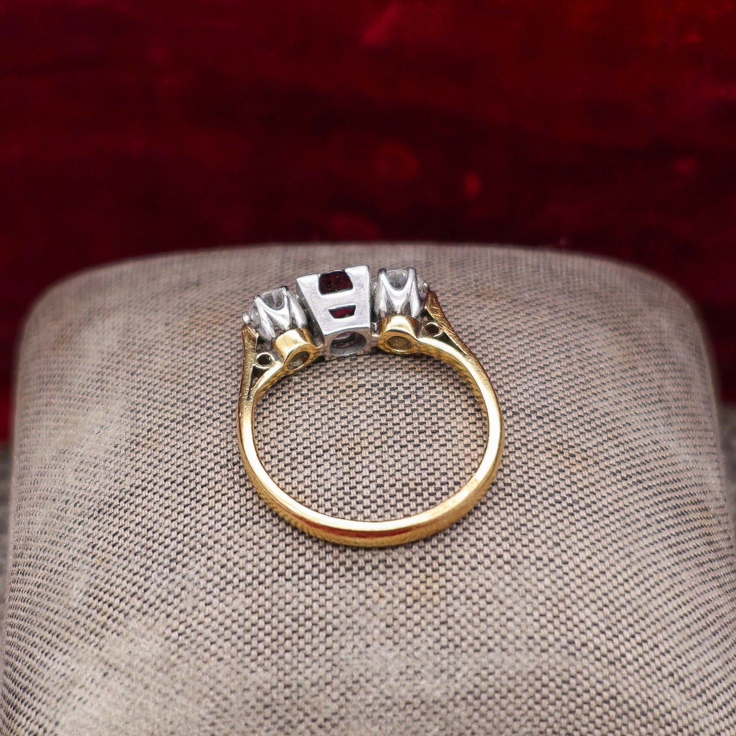 A very fine Three Stone Ruby & Diamond Ring mounted in 18ct Yellow Gold & Platinum, Circa 1950 - Robin Haydock Antique Jewellery