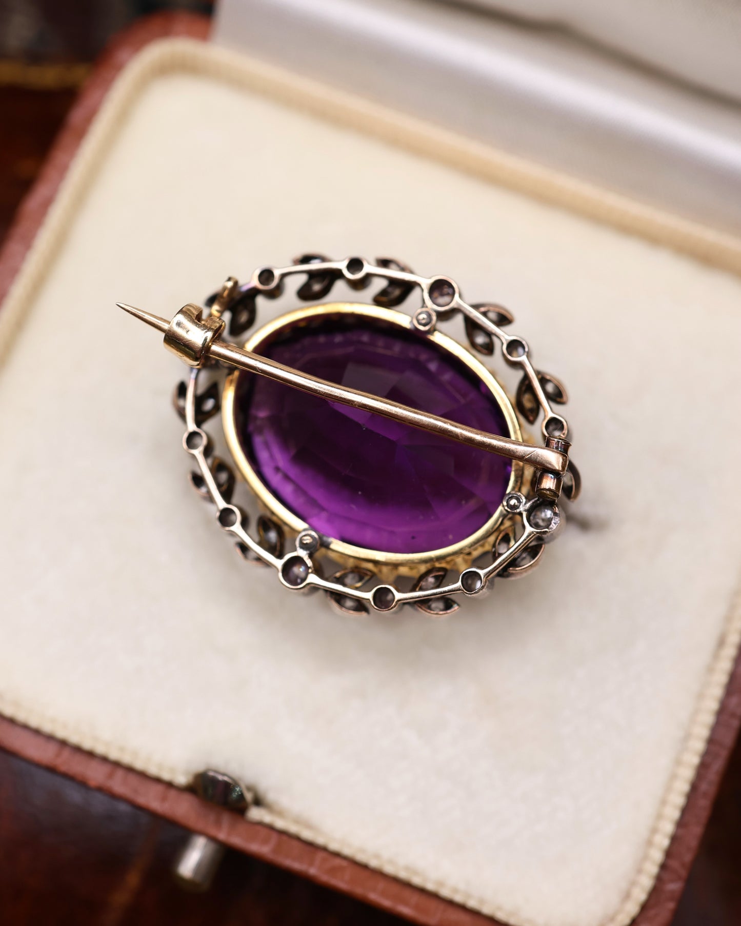 A very fine Amethyst & Diamond Oval Brooch in High Carat Yellow Gold & Platinum. English Circa 1890-1905