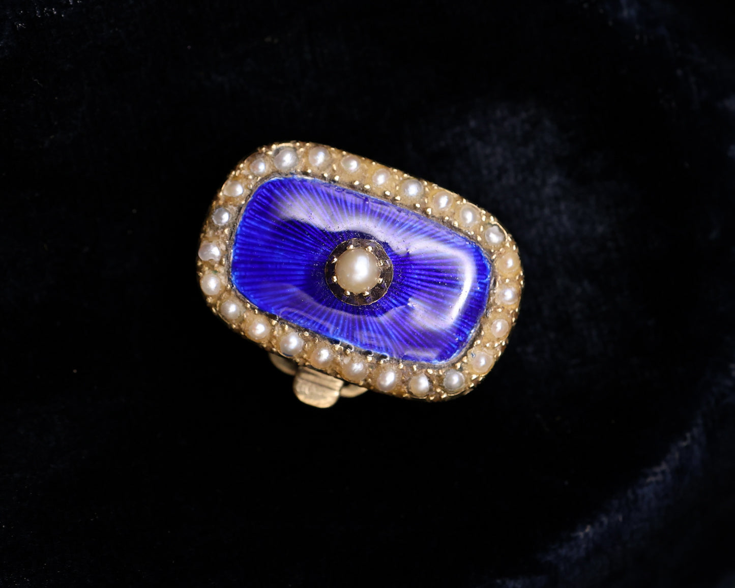 High Carat Yellow Gold (tested), Seed Pearl & Blue Enamel. Double Strand Clasp, Circa 1870