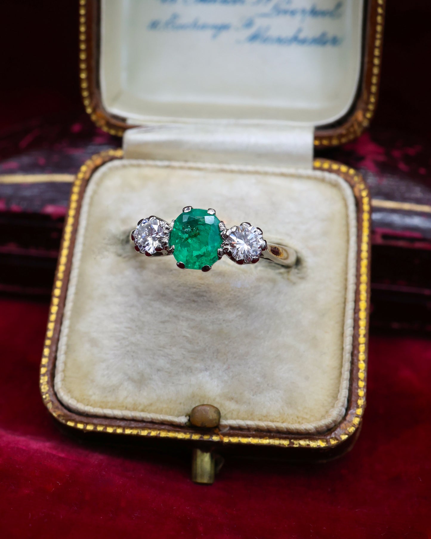 A very fine  Vintage Colombian Emerald & Diamond Three Stone Ring set in 18ct White Gold, Circa 1955
