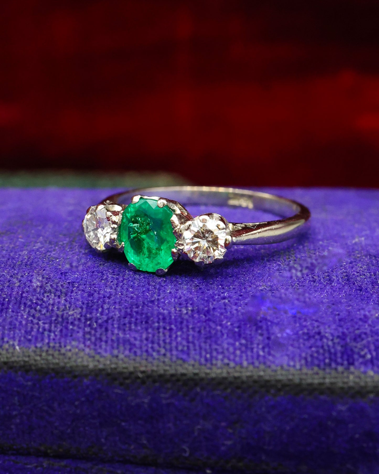 A very fine  Vintage Colombian Emerald & Diamond Three Stone Ring set in 18ct White Gold, Circa 1955