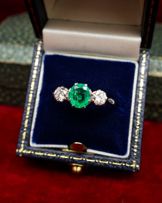 A very fine Vintage Colombian Emerald & Diamond Three Stone Ring set in 18ct White Gold, Circa 1955