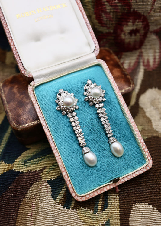 An Exquisite Pair of Vintage Cultured Pearl & Diamond Drop Earrings, Circa 1950. - Robin Haydock Antiques